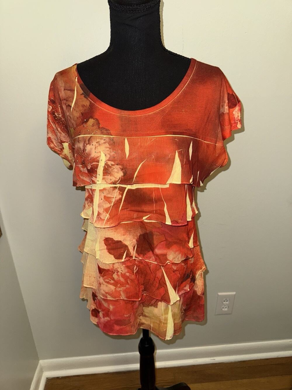 Cato Women’s Orange Ruffle Blouse Bohemian Layered Short Sleeve Small